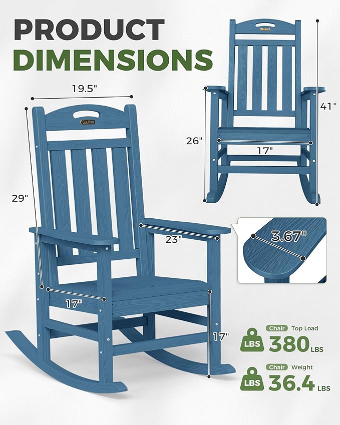 Oversized Rocking Chair Outdoor, High Back Porch Rocker Chair, HDPE All Weather Resistant Rocking Chairs for Patio, 380lbs Weight Capacity, Navy Blue - Image 3