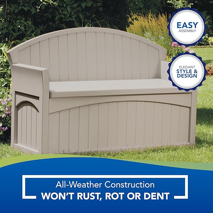 Suncast Outdoor Storage Bench - 50 Gallon Taupe Resin Outdoor Bench with Storage for Cushions, Tools & More. All-Weather Patio Deck Box with Seat for Porch, Pool, Yard, & Garden, Made in USA - Image 11