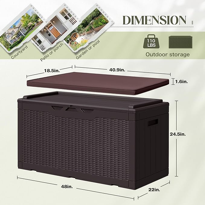 Greesum 100 Gallon Resin Deck Box Large Outdoor Storage with Cushions for Patio Furniture, Garden Tools, Pool Supplies, Weatherproof and UV Resistant, Lockable, Dark Brown - Image 4