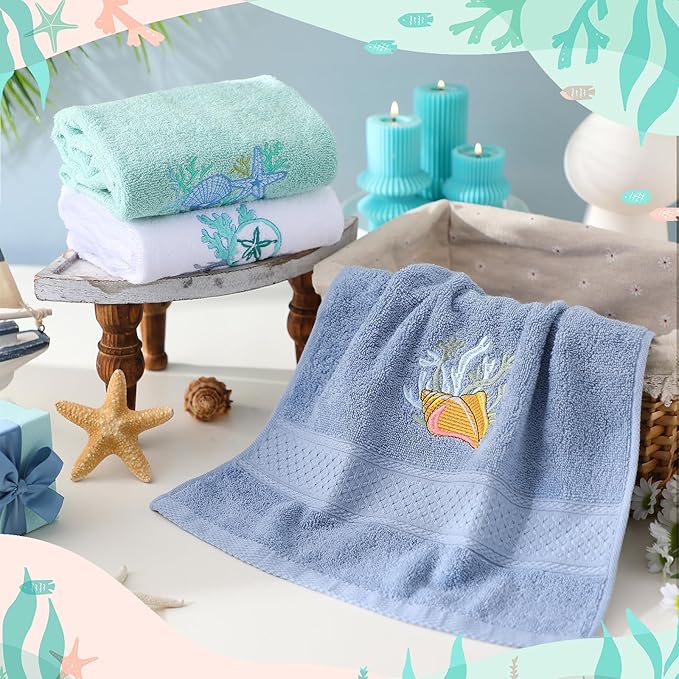 3 Pack Coastal Hand Towels for Bathroom 100% Cotton Embroidered Beach Bathroom - Image 5