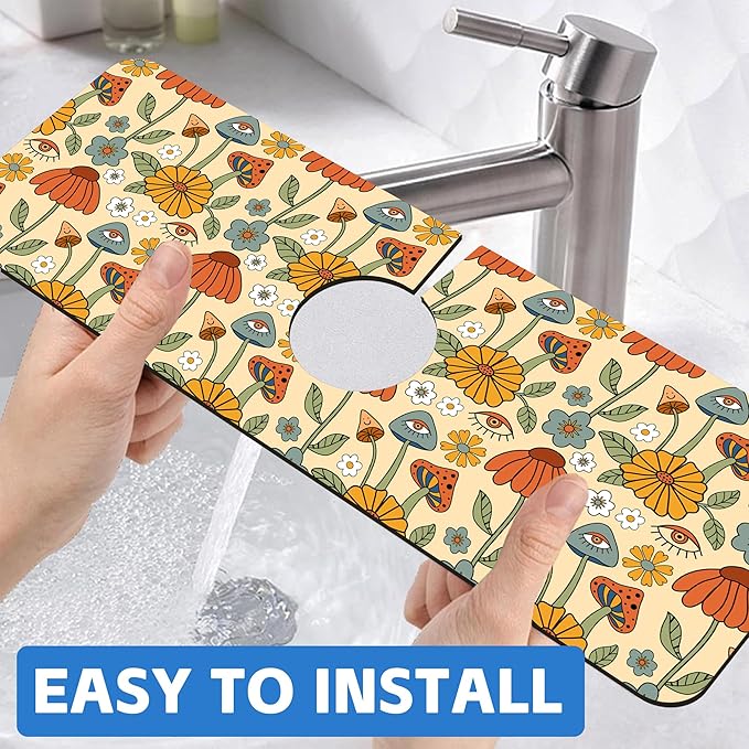 Abstract 70s Mushroom Floral Sink Faucet Absorbing Mat Sink Splash Guard Faucet - Image 6