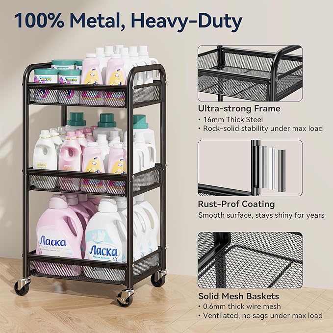 YASONIC 3 Tier Rolling Cart – Metal Utility Storage Carts - Image 2