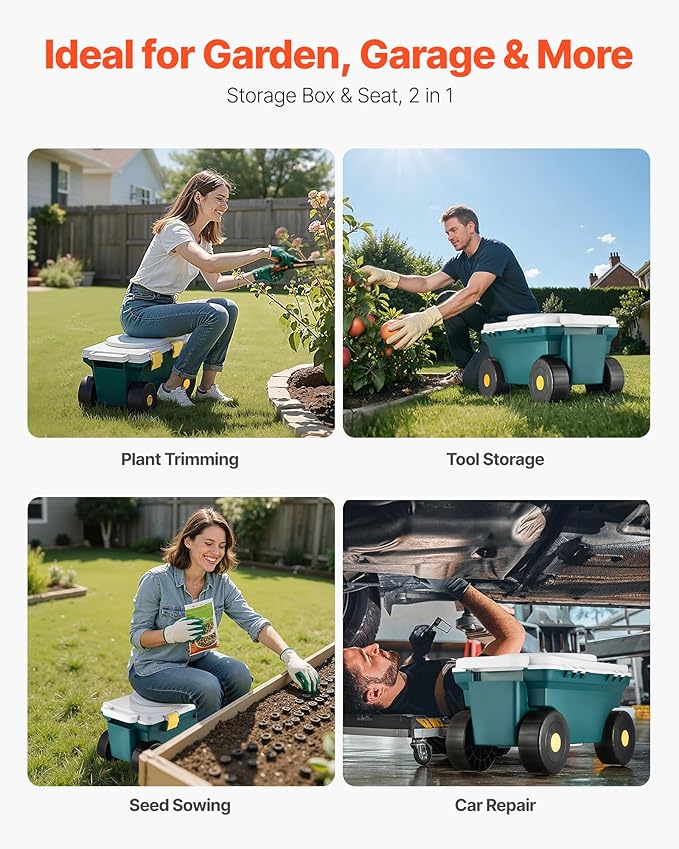 VEVOR Garden Scooter with Seat, 2 in 1 Rolling Garden Cart with Storage Bin, Supports up to 227 lbs, Outdoor Wagon with Handle, Lightweight Storage Gardening Stool for Yard Weeding Planting - Image 6