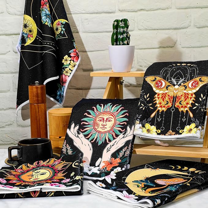 Boyiee Set of 6 Witchy Kitchen Towels Boho Tea Towels Absorbent Mushroom Floral - Image 2