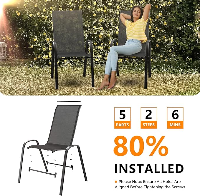 VINGLI Patio Chairs Set of 8 – Stackable Outdoor Dining Chairs with Comfortable Sling High Back Chairs and Armrests for Lawn, Poolside, Courtyard, Balcony, Garden, Black - Image 8