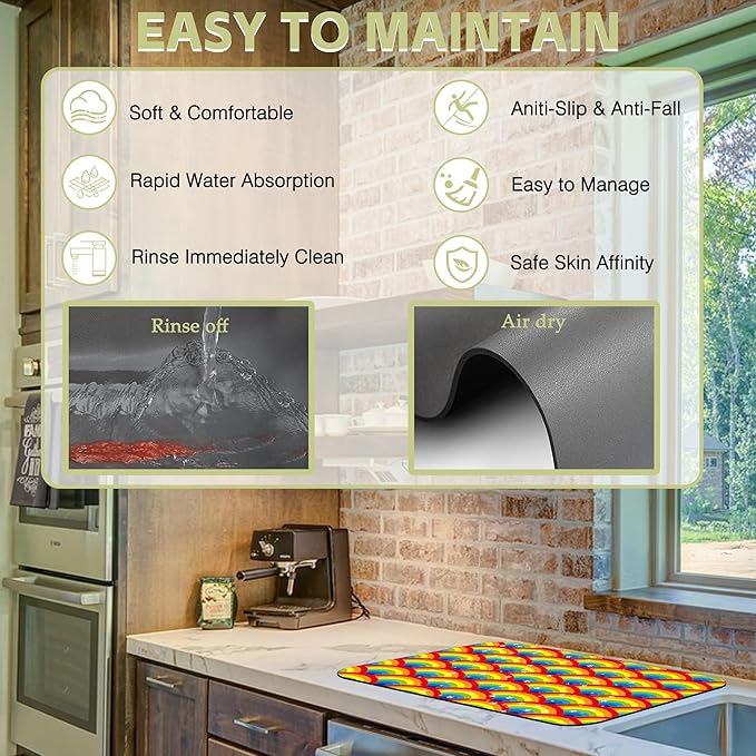Kitchen Mat Rainbow Half Circle Star Dish Drying Mat 16"x24" Bsorbent Coffee - Image 6