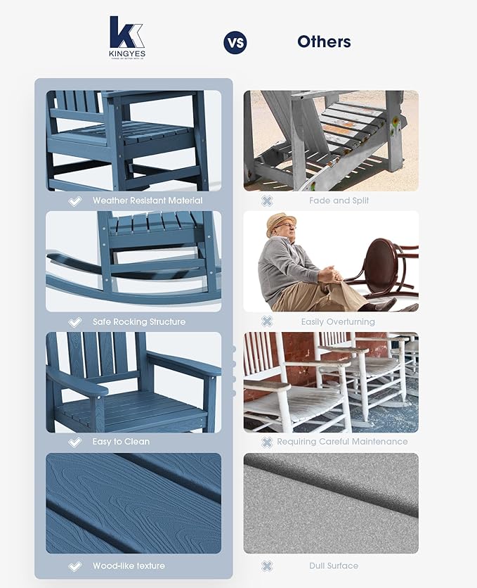 KINGYES HDPE Outdoor Rocking Chair, Widened Seat Patio Rocking Chair, Oversized All Weather Patio Rocker, Navy - Image 6