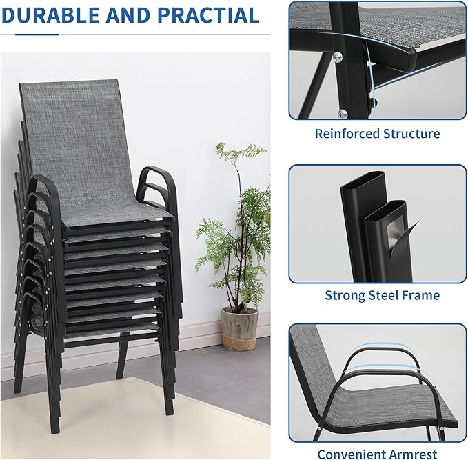 PIZZELLO Patio Chairs Set of 8 - Outdoor Stackable Dining Chairs for All Weather - Lightweight Textilene Outdoor Chair Sets with Armrests - 330Lbs Capacity - for Backyard Garden Porch Poolside (Grey) - Image 7