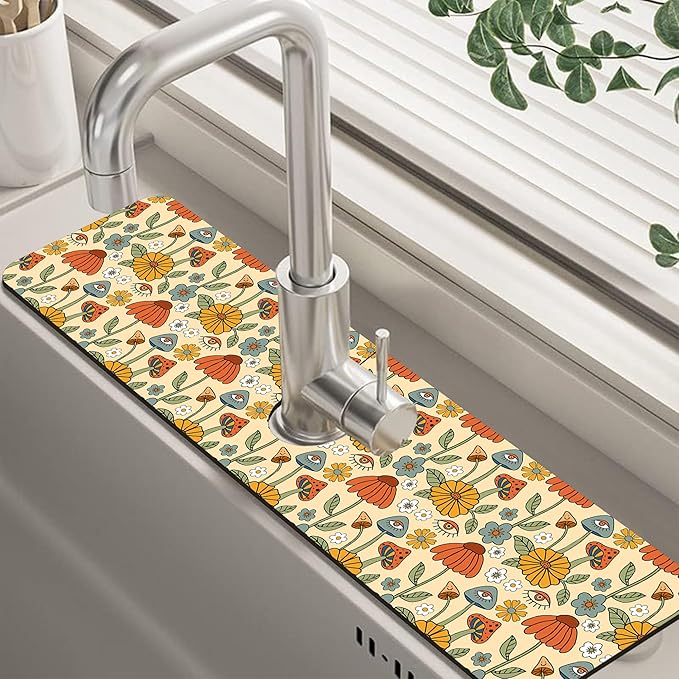 Abstract 70s Mushroom Floral Sink Faucet Absorbing Mat Sink Splash Guard Faucet by Unknown