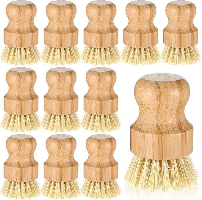12 Pack Bamboo Dish Scrub Brushes Wooden Scrubbers Set Kitchen Palm Pot Brush by WLLHYF