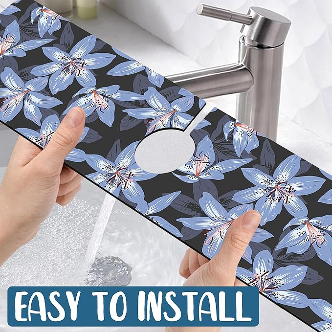 Blooming Lily Sink Splash Guard Faucet Mat Blue Lily Flowers Super Absorbent - Image 5