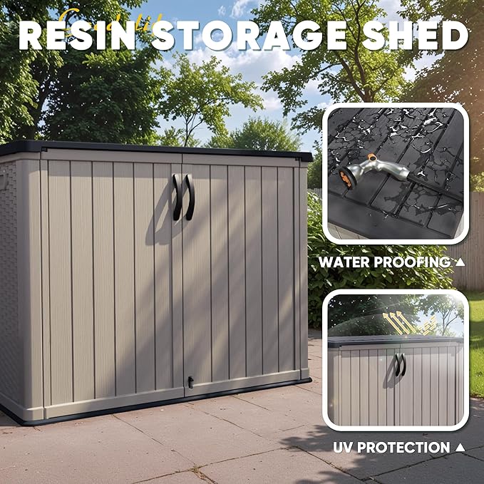 Devoko Outdoor Storage Cabinet 26 Cu Ft with Lockable Doors, Horizontal Storage Shed Waterproof Patio Tools Storage Box for Sofa Cushions, Gardening Tools and Accessories (Beige) - Image 5