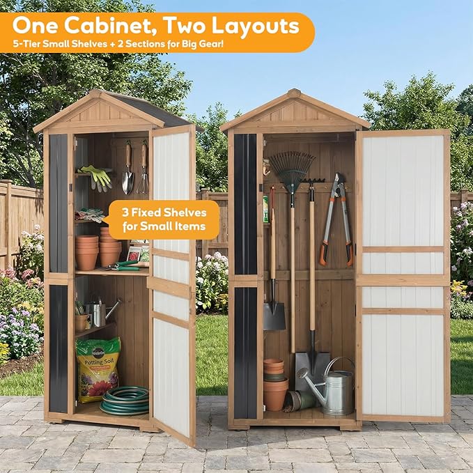 Outdoor Storage Cabinet, Wood & Metal Garden Shed with Waterproof Asphalt Roof, Patio Organizer with 3 Fixed Shelves & Removable Shelf for Long Tools, Lockable Magnetic Doors for Backyard Garage Pool - Image 3