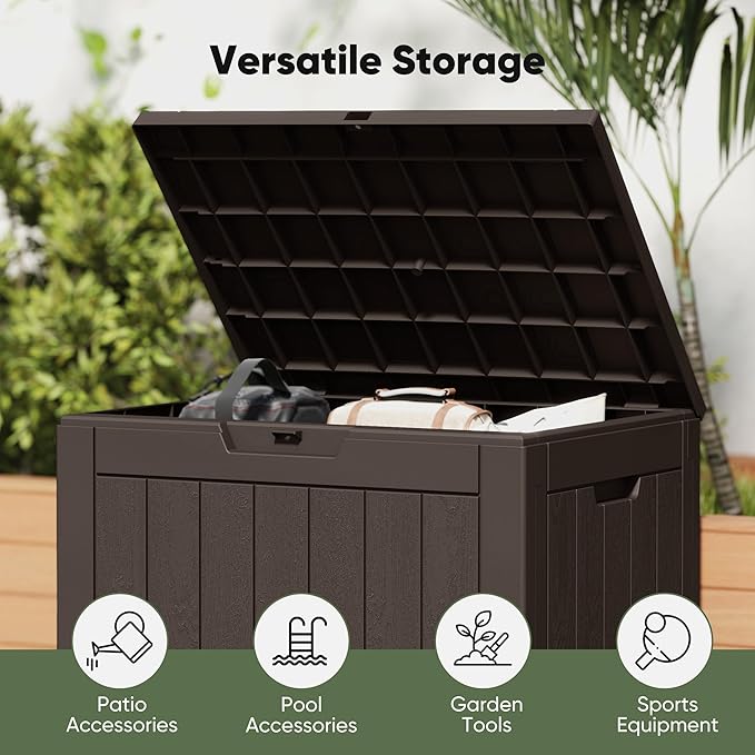 NEWBULIG 31 Gallon Outdoor Storage Box, Waterproof Deck Box with Lockable Lid, Patio Furniture Bench & Side Table, Easy Assembly, for Garden, Pool, Patio & Backyard Organization, Brown - Image 6