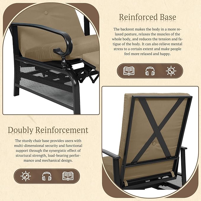 Oakcloud Adjustable Outdoor Lounge Chair Metal Patio Relaxing Recliner Chair Set with Bistro Table and Removable Cushions(Brown) - Image 5