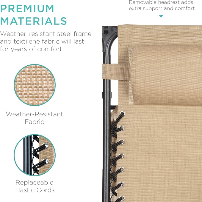 Best Choice Products Folding Zero Gravity Outdoor Recliner Patio Lounge Chair w/Adjustable Canopy Shade, Headrest, Side Accessory Tray, Textilene Mesh - Beige - Image 6