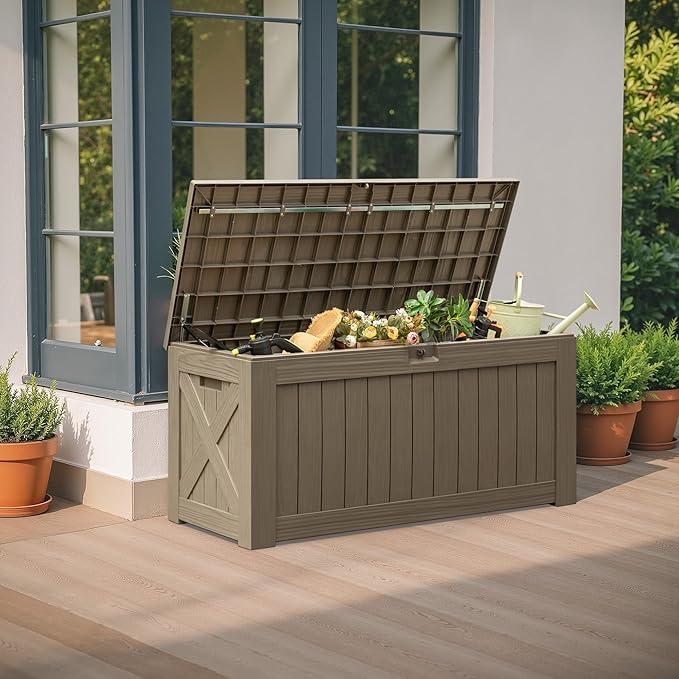 Flamaker Resin Deck Box 120 Gallon Waterproof Large Outdoor Indoor Storage Box Imitation Wood Resin for Patio Furniture Garden Tools and Pool (Brown) - Image 5
