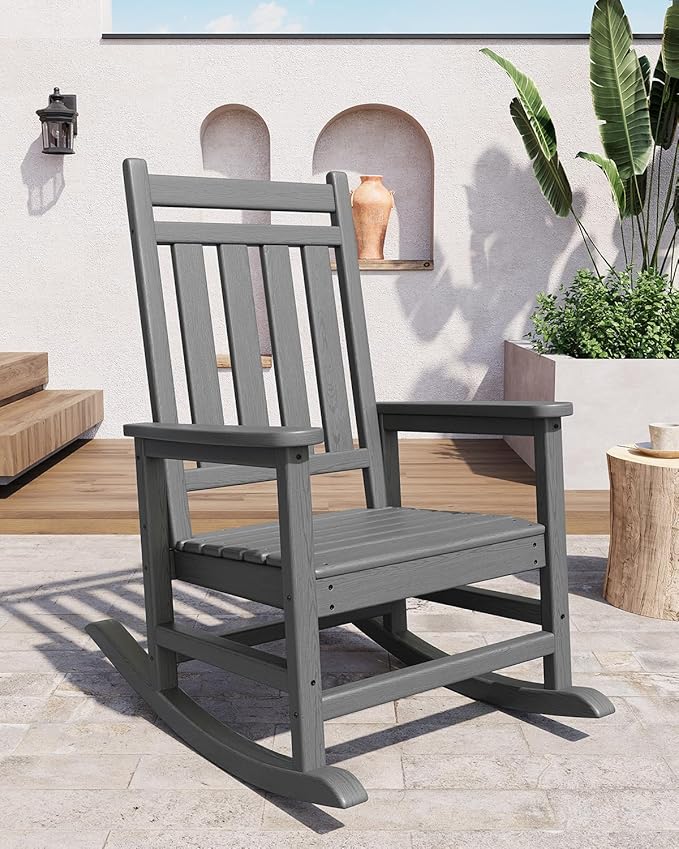 Poly Lumber Rocking Chair Outdoor Set of 6- HDPE High Back Porch Rocker Chairs for Adults - All Weather Resistant Furniture for Patio - Gray - Image 5