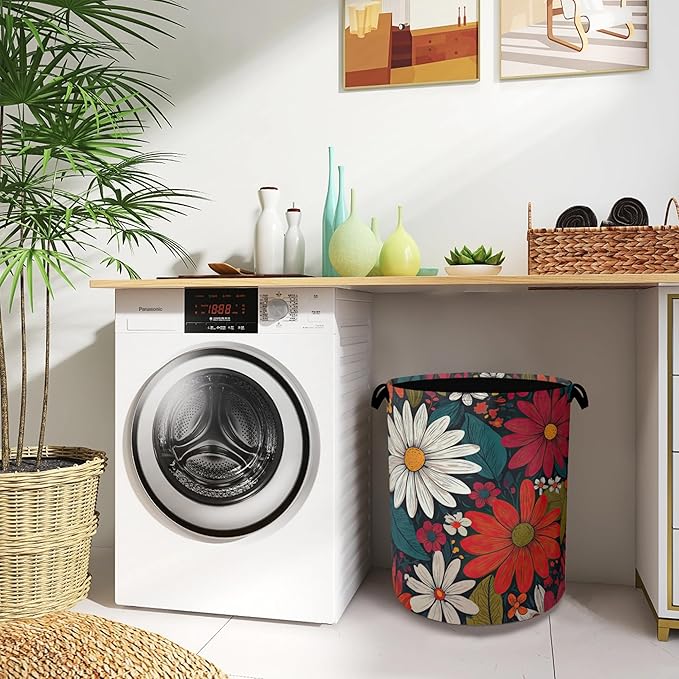 Retro Red Daisy Flowers Laundry Hamper, Dirty Clothes Laundry Basket - Image 8