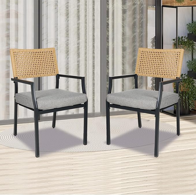 Grand Patio Outdoor Dining Chair Set of 2, 2-Piece Stackable Wicker Chairs with Cushions and Armrest for Restaurant, Garden, Porch, Lawn and Poolside by GrandPatio