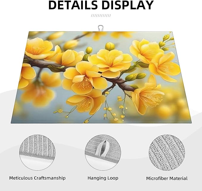 Yellow Flower Dish Drying Mats for Kitchen Counter, Absorbent Reversible - Image 3