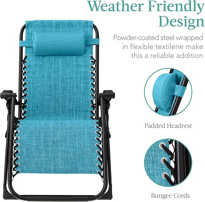 Best Choice Products Oversized Zero Gravity Chair, Folding Outdoor Patio Recliner, XL Anti Gravity Lounger w/Removable Cushion, Cup Holder, Side Tray, 350lb Capacity - Light Blue - Image 4