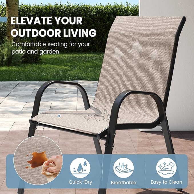 Patio Dining Chairs Set of 4, Stackable Dining Chairs High Back, Breathable Seat Fabric and Alloy Steel Frame for Backyard, Porch, Garden, Sunroom (Light Brown) - Image 4
