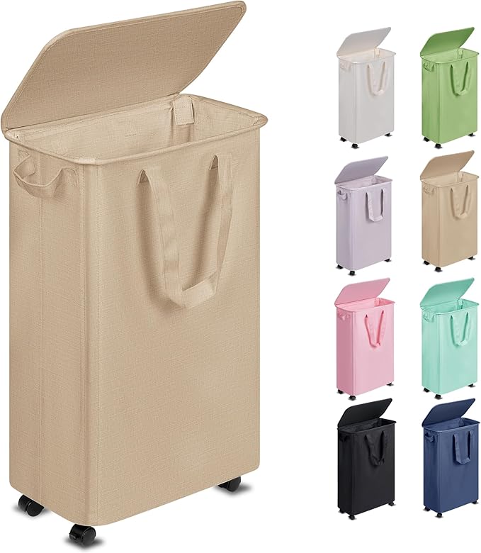 Slim Laundry Hamper with Lid and Wheels, Small Rolling Laundry Basket with by Vincona