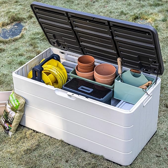 TARKARI Premium Pro Edition 100 Gallon Lockable Resin Deck Box, Waterproof & UV-Resistant Outdoor Storage Box for Outdoor Cushion Storage, Garden Tools & Pool Accessories Storage, White - Image 7