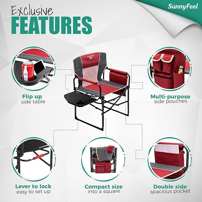 SUNNYFEEL Camping Directors Chair, Heavy Duty,Oversized Portable Folding Chair with Side Table, Pocket for Beach, Fishing,Trip,Picnic,Lawn,Concert Outdoor Foldable Camp Chairs - Image 5