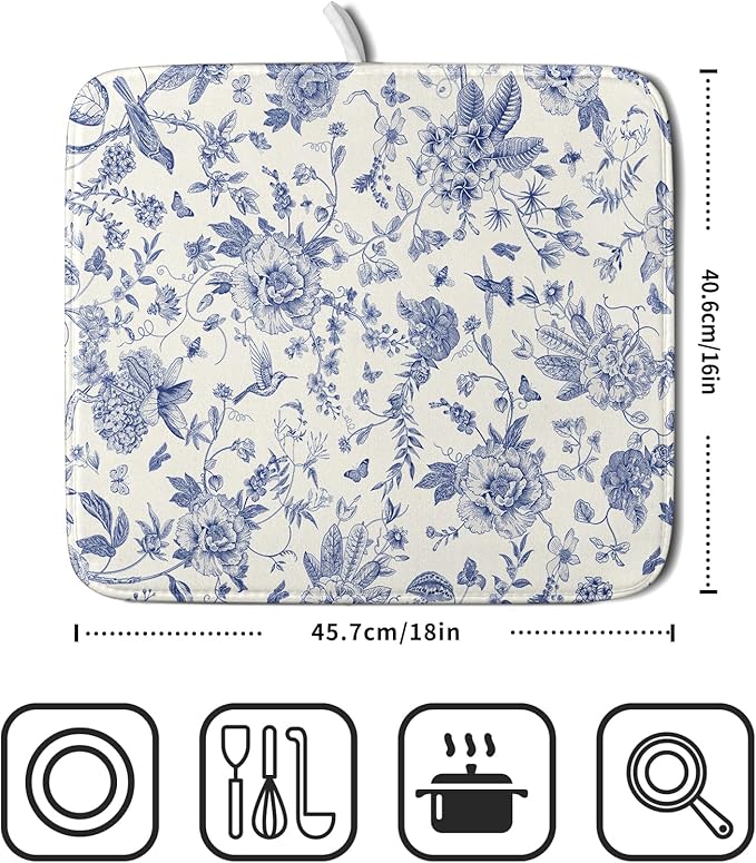 Giwawa Chinoiserie Flower Dish Drying Mat Blue Leaves Dishes Drying Pad - Image 2