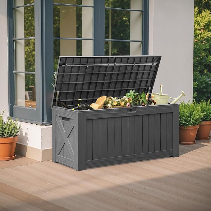 Flamaker Resin Deck Box 120 Gallon Waterproof Large Outdoor Indoor Storage Box Imitation Wood Resin for Patio Furniture Garden Tools and Pool (Gray) - Image 7