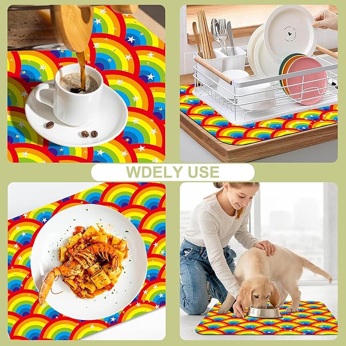 Kitchen Mat Rainbow Half Circle Star Dish Drying Mat 16"x24" Bsorbent Coffee - Image 7