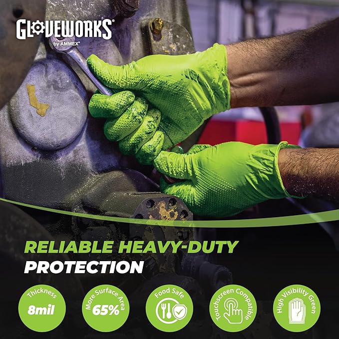 GLOVEWORKS HD Green Gloves, 8 Mil Nitrile Disposable Heavy Duty Raised Diamond - Image 2