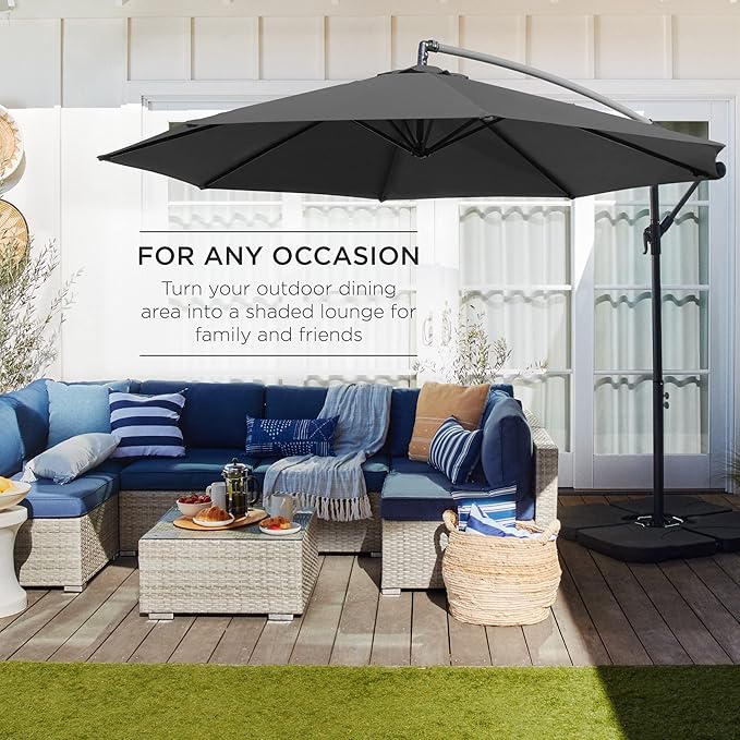 Best Choice Products 10ft Offset Hanging Market Patio Umbrella w/Easy Tilt Adjustment, Polyester Shade, 8 Ribs for Backyard, Poolside, Lawn and Garden - Gray - Image 3
