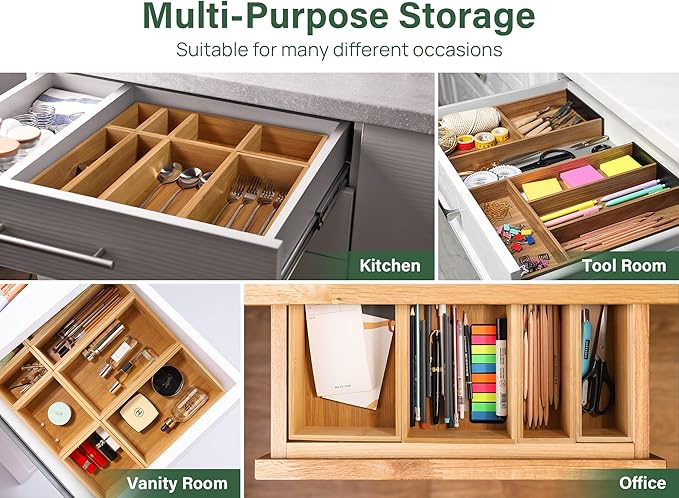 Kootek 8 Pcs Bamboo Drawer Organizer Utensil Tray Kitchen Storage Box 4-Size - Image 7