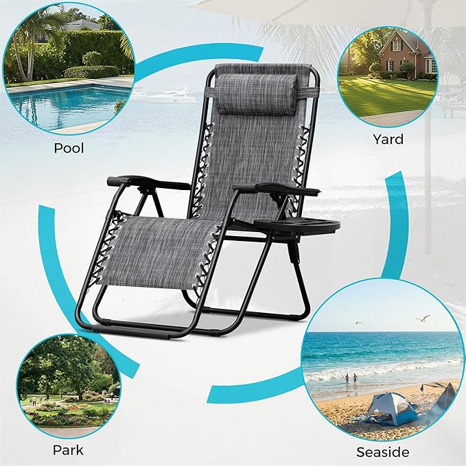 Homall Zero Gravity Chair Patio Folding Lawn Outdoor Lounge Reclining Chair with Cup Holder Pillows for Poolside Backyard and Beach Set of 4 Double Grey - Image 7