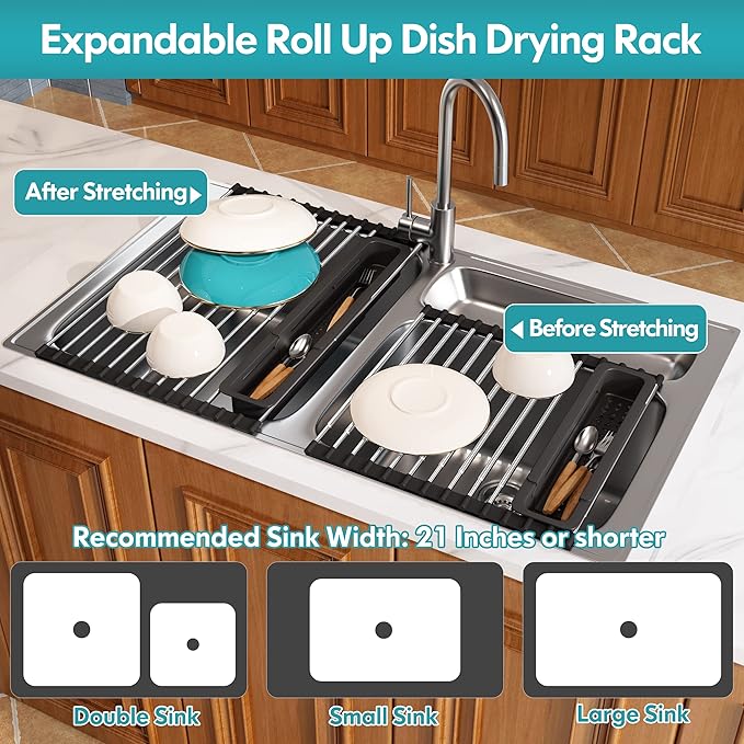 JASIWAY Roll Up Dish Drying Rack, Expandable Stainless Steel Portable Over The - Image 3