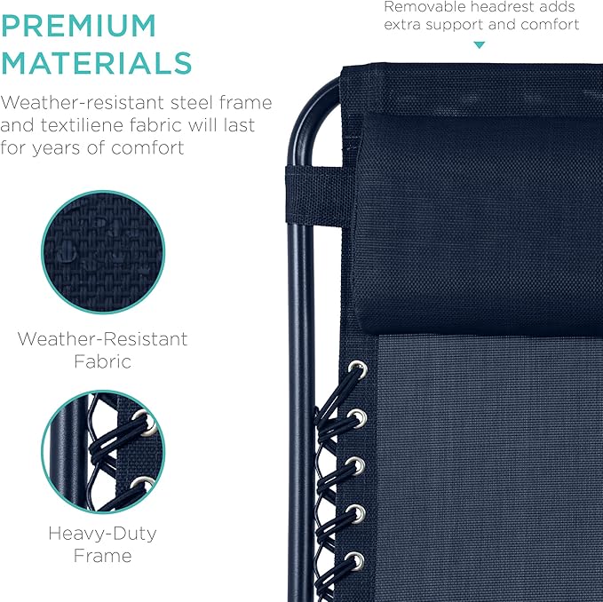Best Choice Products Set of 2 Adjustable Steel Mesh Zero Gravity Lounge Chair Recliners w/Pillows and Cup Holder Trays - Navy - Image 6