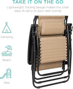 Best Choice Products Folding Zero Gravity Outdoor Recliner Patio Lounge Chair w/Adjustable Canopy Shade, Headrest, Side Accessory Tray, Textilene Mesh - Beige - Image 8