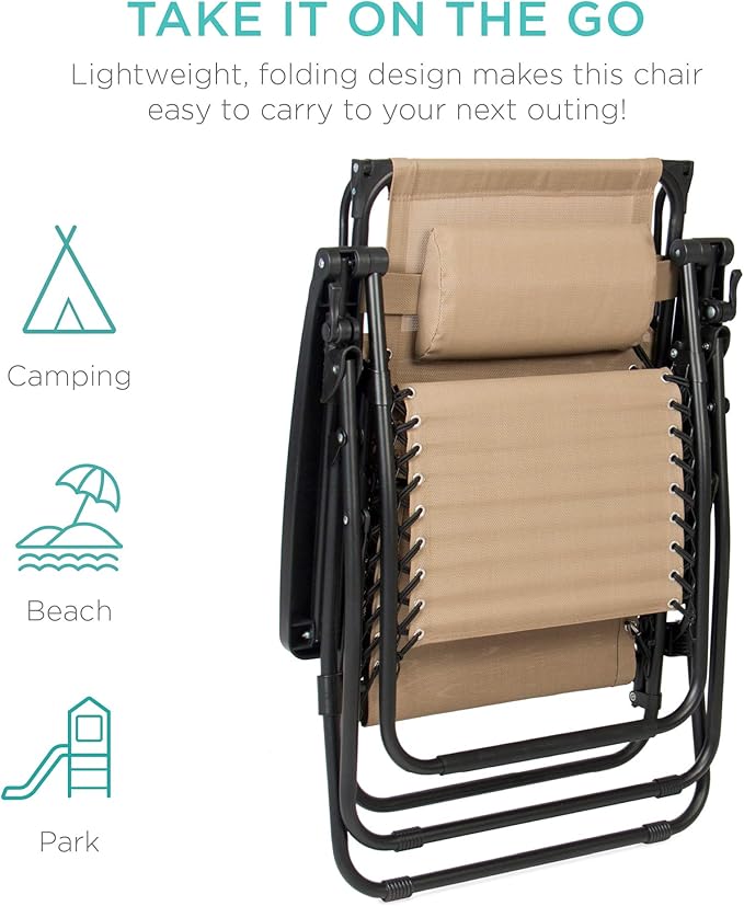 Best Choice Products Folding Zero Gravity Outdoor Recliner Patio Lounge Chair w/Adjustable Canopy Shade, Headrest, Side Accessory Tray, Textilene Mesh - Beige - Image 8