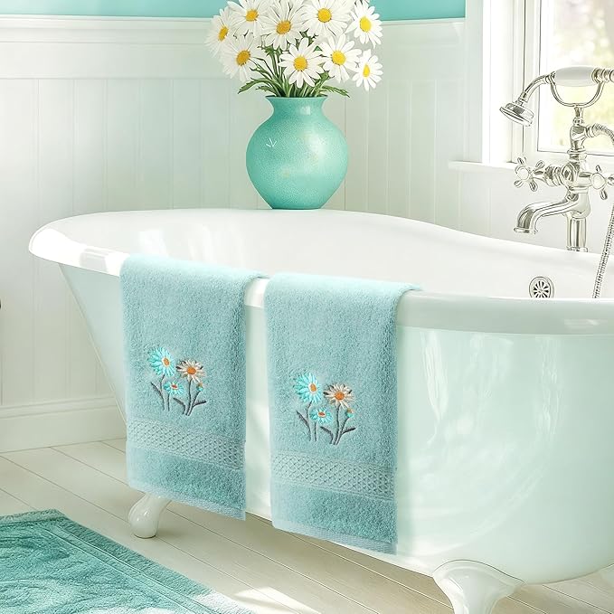 2 Pcs Daisy Hand Towels Teal Flower Bathroom Decor 14x29 Inch Embroidered 100% - Image 5