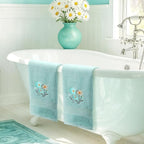 2 Pcs Daisy Hand Towels Teal Flower Bathroom Decor 14x29 Inch Embroidered 100% - Image 5