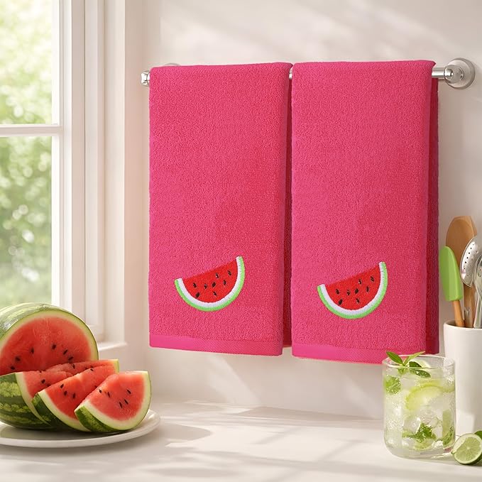 2 Pcs Watermelon Hand Towels Bright Pink Bathroom Decor 14x29 Inch Embroidered - Image 5