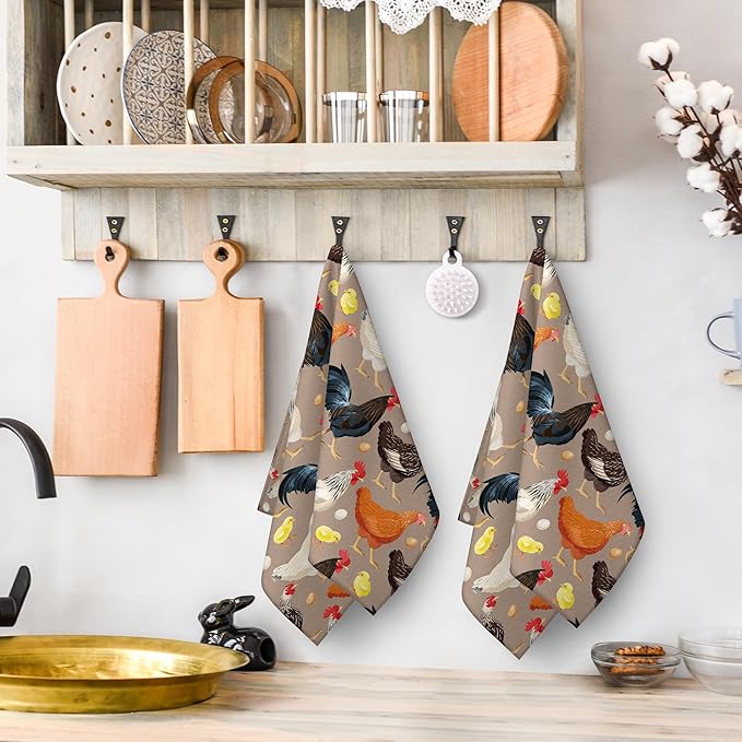 Rooster Chicken Dish Towels Set of 2, Absorbent Vintage Decorative Kitchen - Image 3