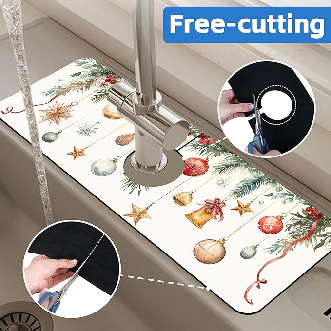 Christmas Star Balls Bells Kitchen Sink Splash Guard Mat Absorbent Fast Drying - Image 7