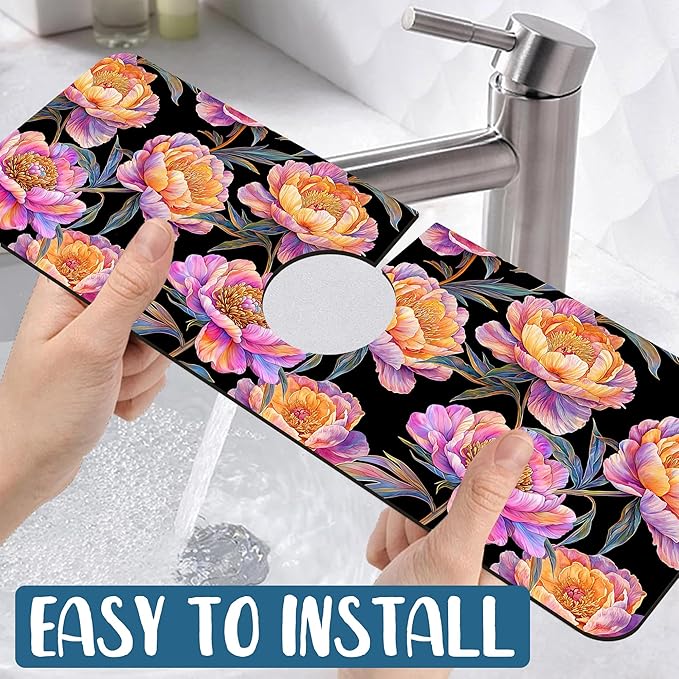 Colorful Peonies Sink Splash Guard Blooming Peonies Faucet Absorbing Mat Fast - Image 5