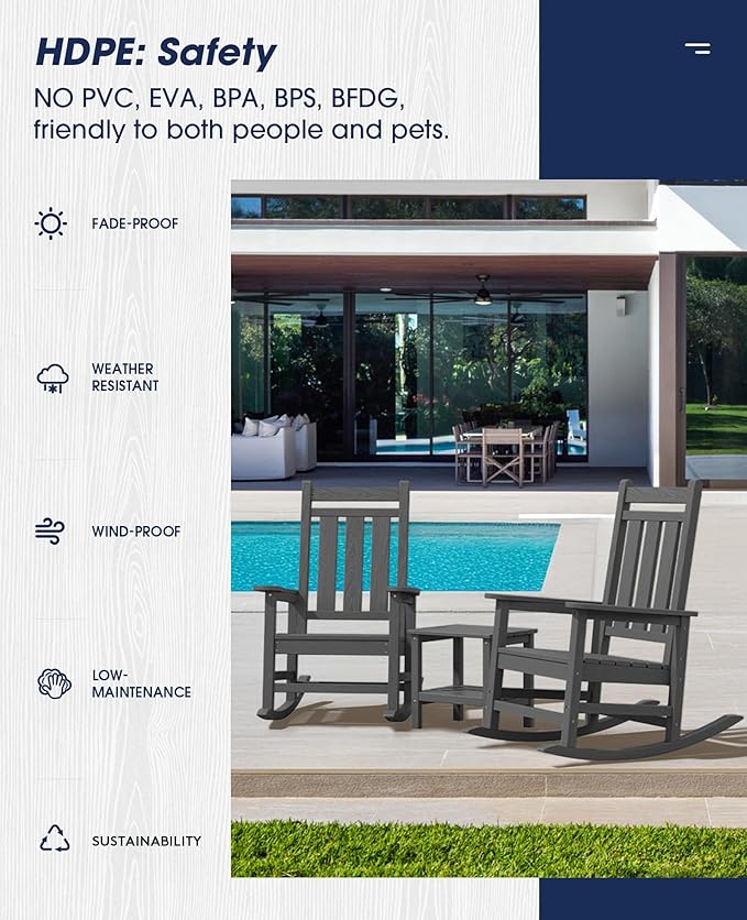 KINGYES Oversized Outdoor Rocking Chair, All-Weather Patio Rocking Chairs for Porch, HDPE Outdoor Patio Rockers with High Back & Wide Seat for Garden, Lawn, Gray - Image 9
