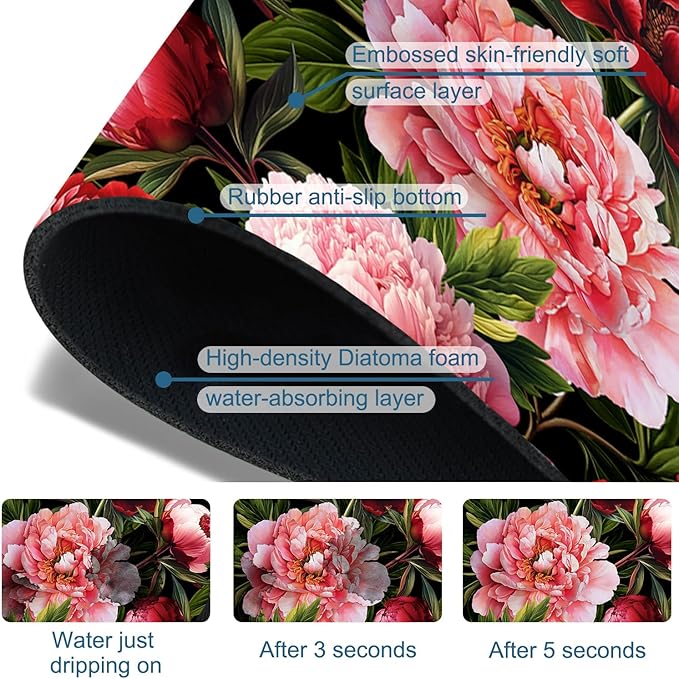 Blooming Peony Sink Splash Guard Pink Peony Flowers Faucet Absorbing Mat Fast - Image 3