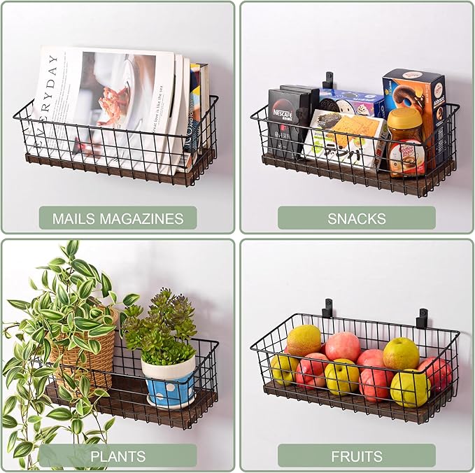 Wall Hanging Baskets 3 Pack, Diversified Wire Basket Shelves of Wooden Style - Image 4